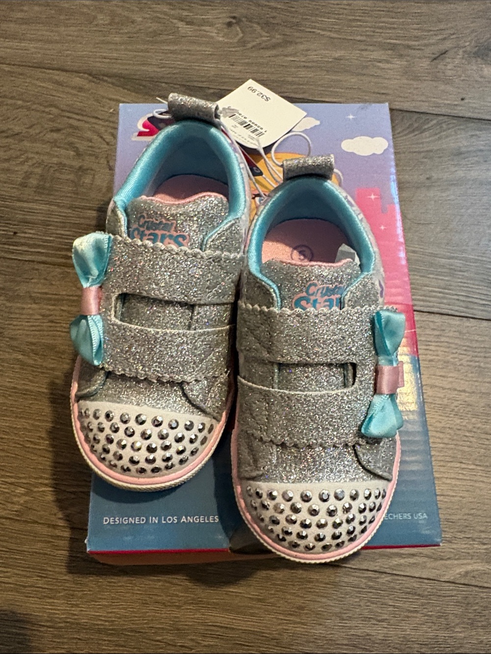 Skechers Silver Glitter Sneakers with Teal Bows and Pink Trim